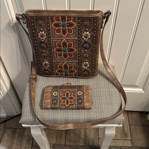 Floral Embroidered Tan Crossbody Bag with matching wallet